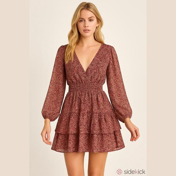 Coquette burgundy/pink Ditzy Floral dress mock waist, tiered Romantic Boho sheer - Picture 1 of 8